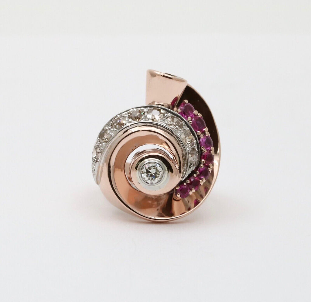 Retro 14K Rose & White Gold Diamond And Ruby Statement Spiral Ring