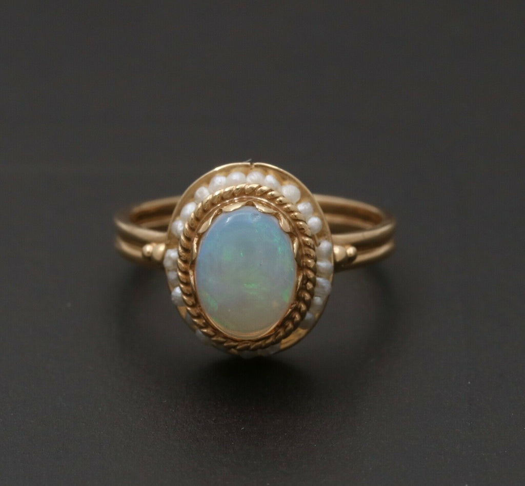 Vintage 14K Yellow Gold Opal Pearl Halo Ring, Statement Ring.