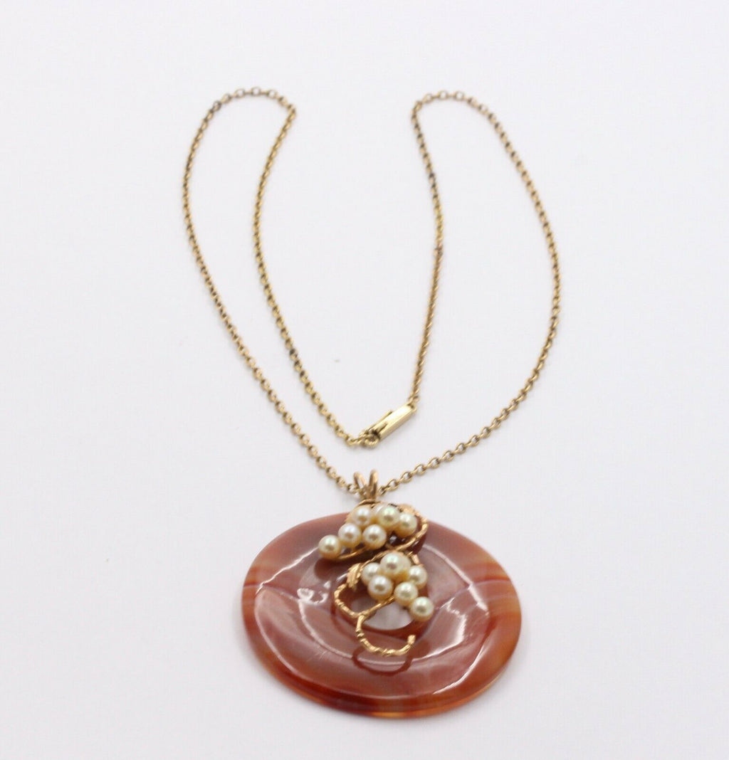 Vintage 14K Yellow Gold Large Sardonyx Pearl Pendant