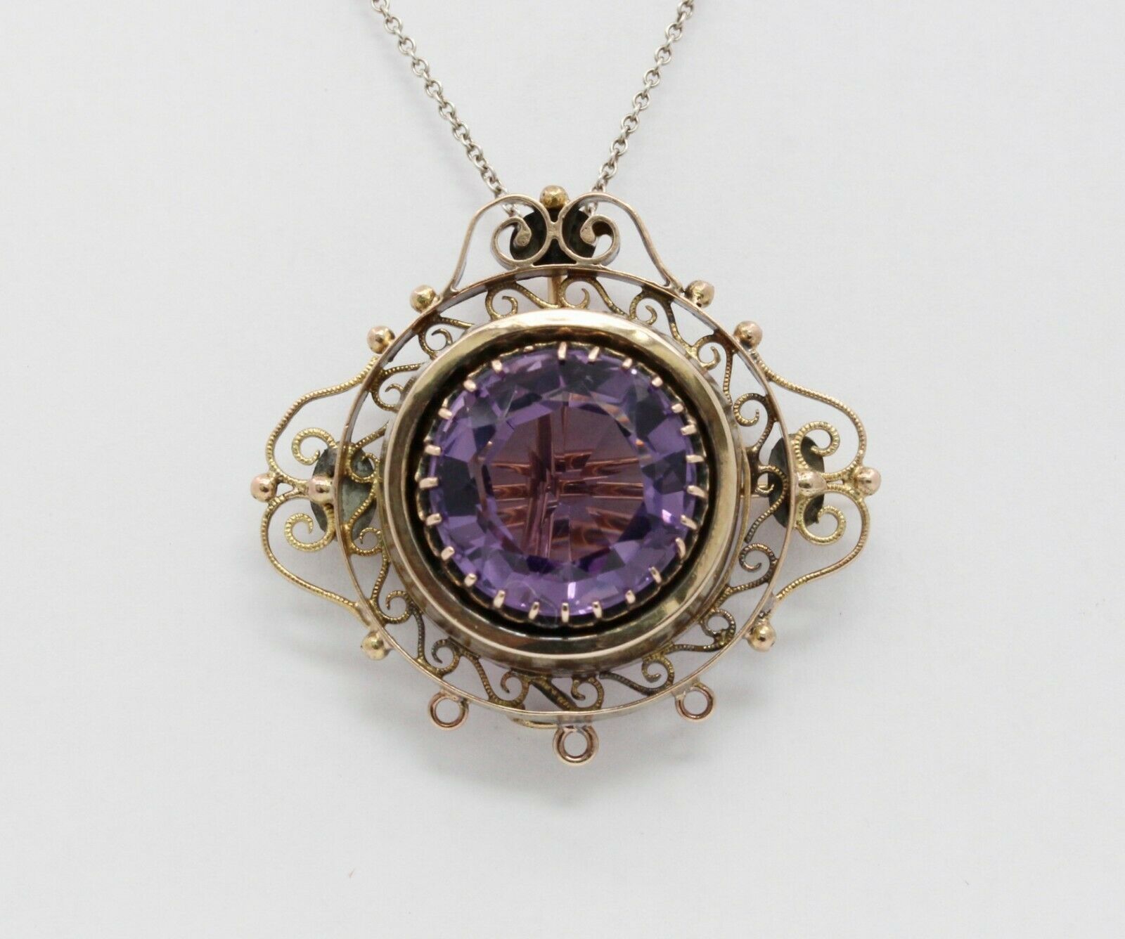 Victorian 14K Yellow Gold Amethyst Pendant Brooch