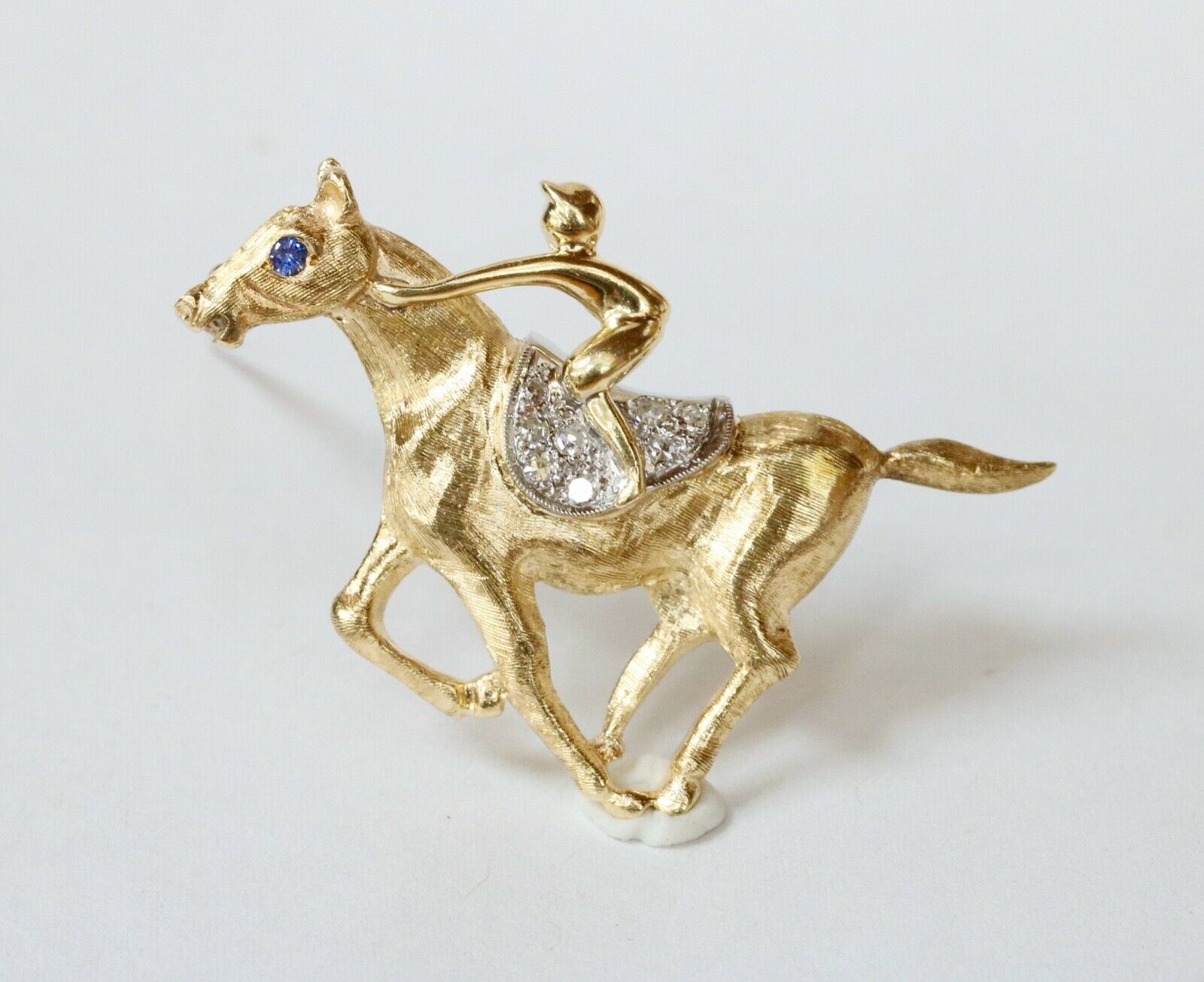 Vintage Horse Jockey Racing 14K Yellow White Gold Diamonds Sapphire Brooch Pin