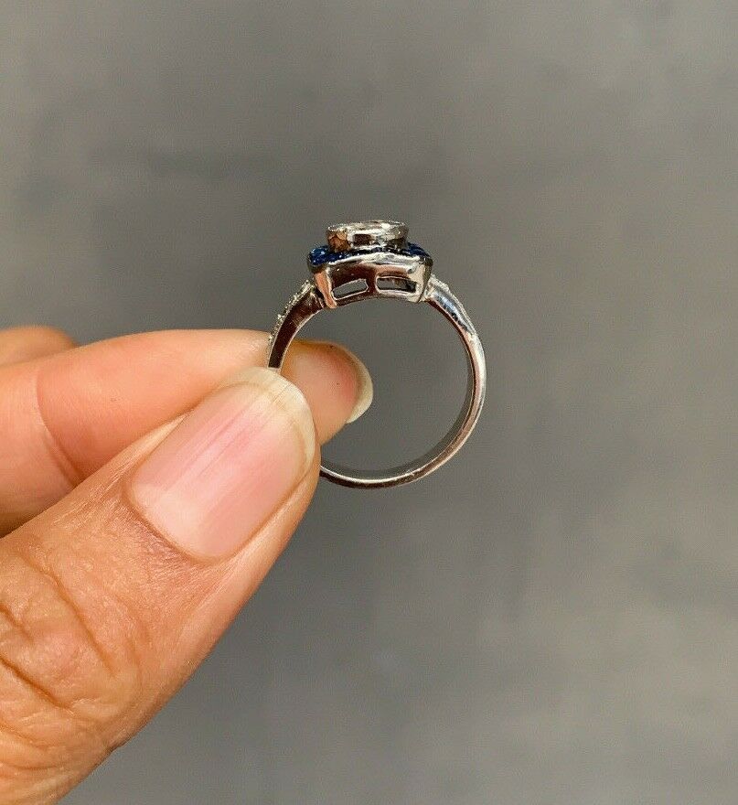 Vintage Art Deco Style 18K Gold Diamond & Sapphire Halo Ring, Engagement Ring.