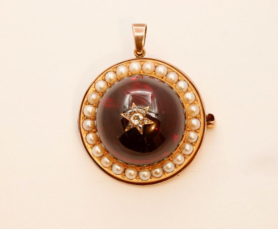 Victorian Huge Garnet Diamonds Pearls 18K Yellow Rose Gold Pendant Brooch Pin