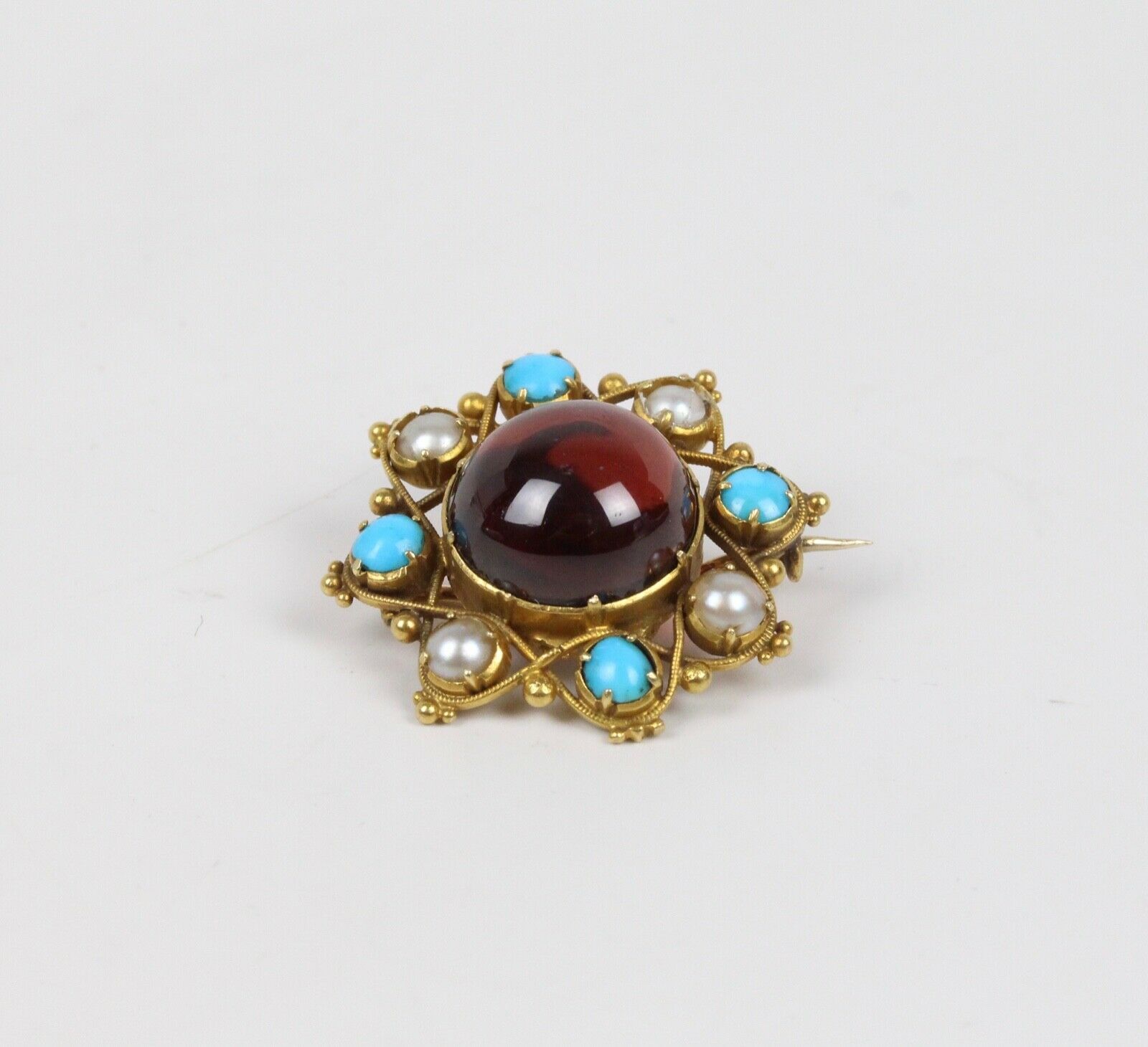Vintage Tourmaline 14K Yellow Gold Seed Pearls Turquoise Brooch Pin