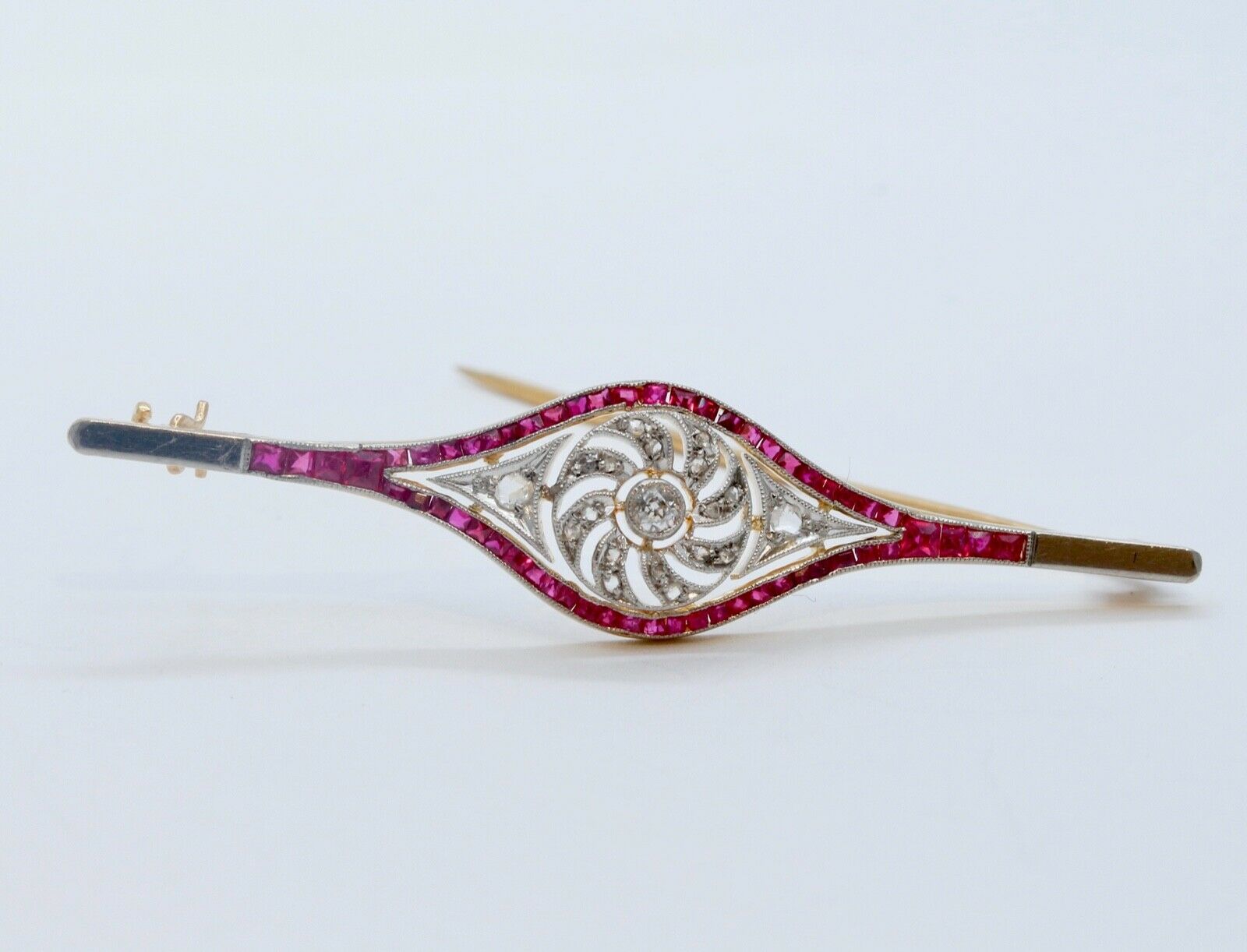 Art Deco Old Minor Rose Cut Diamonds Rubies 18K WG/YG Brooch Pin