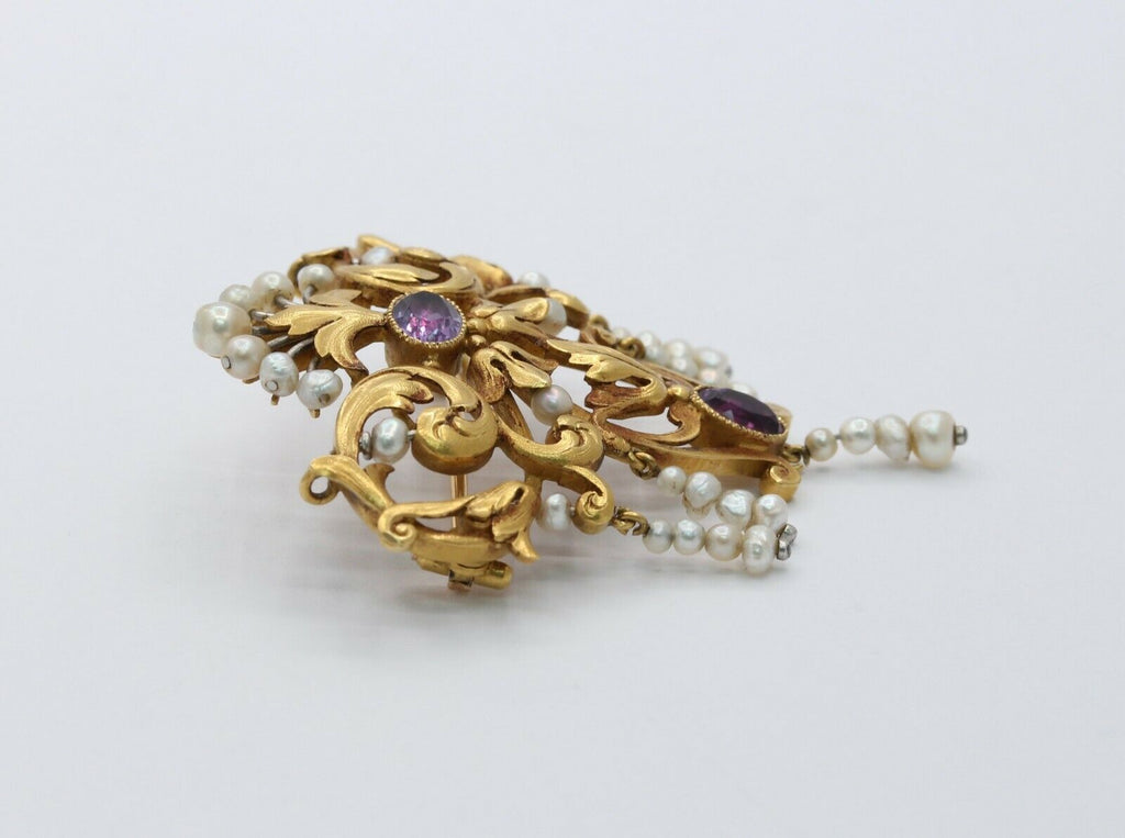 French Victorian 18K Yellow Gold Floral Amethyst Pearl Brooch