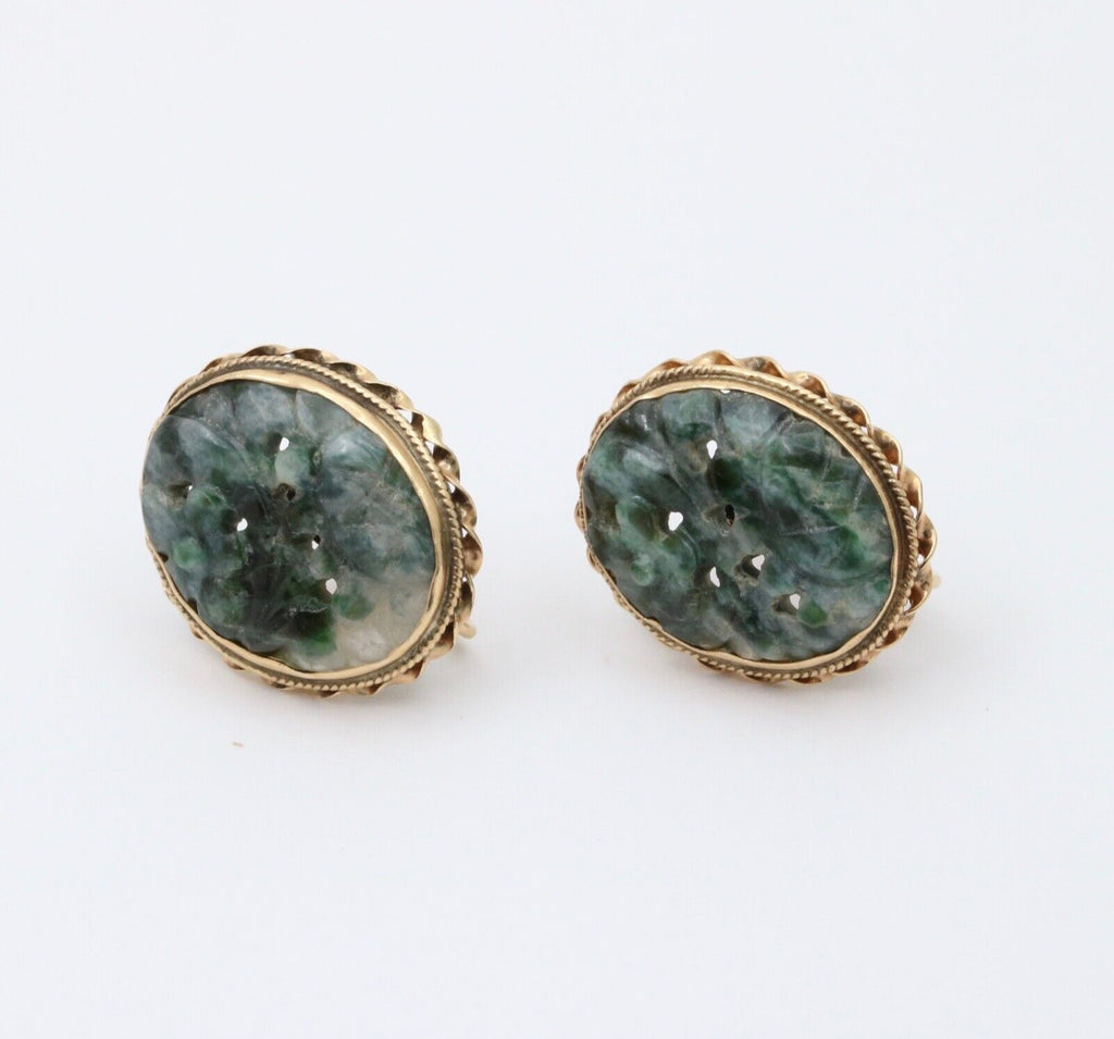 Vintage Carved Jade Flowers 14K Yellow Gold Earrings
