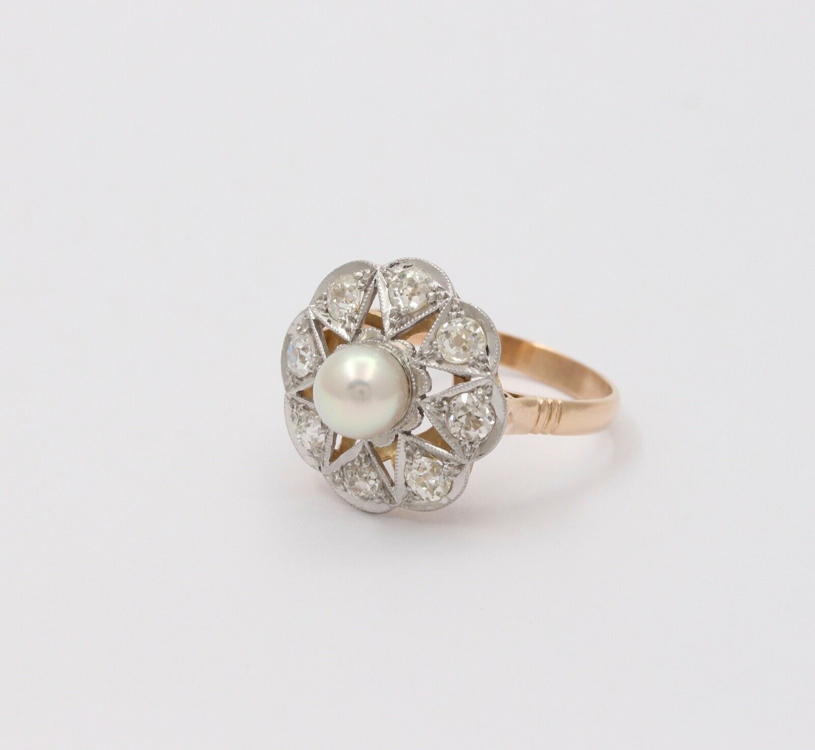 Edwardian Old European Diamonds Natural Pearl Platinum 18K YG Ring