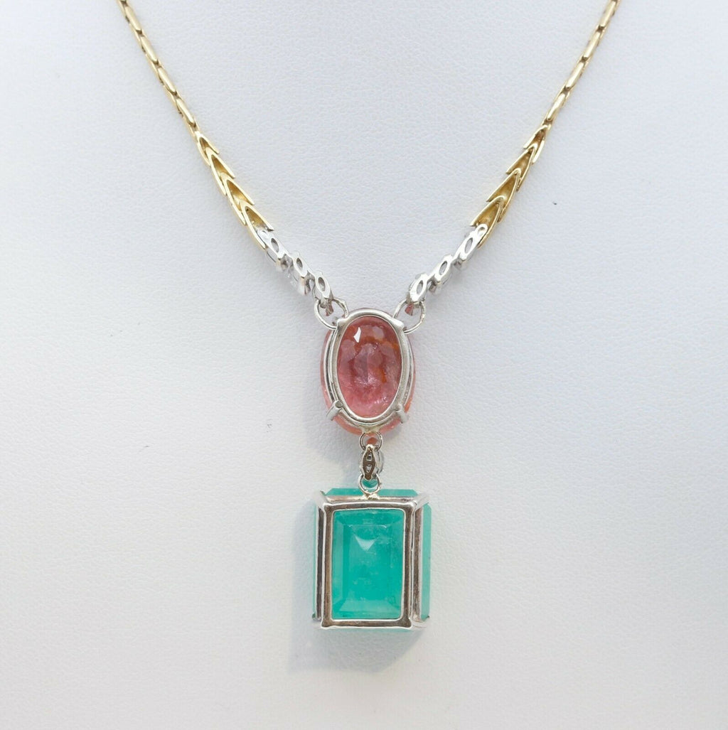 Vintage 18K Yellow Gold Huge Natural Emerald Tourmaline Diamond Statement Neckla