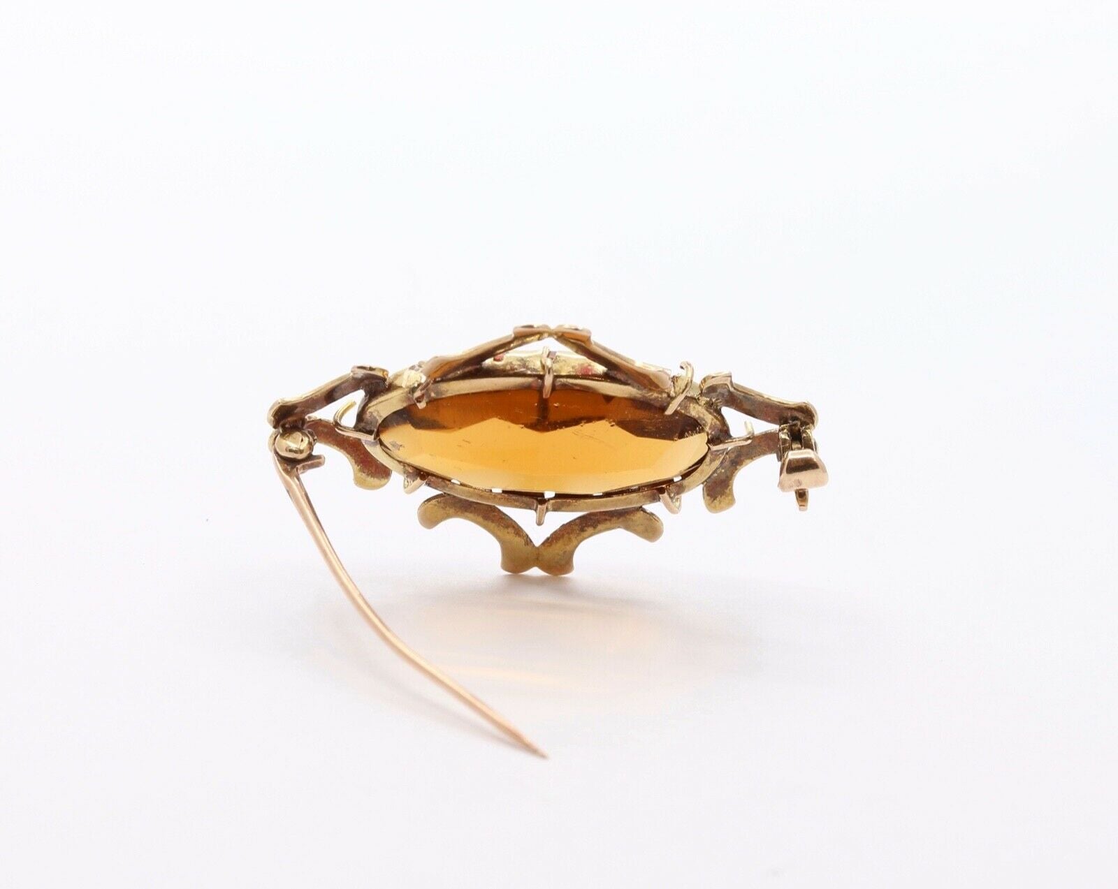 Vintage Citrine White Enamel 14K Yellow Gold Brooch Pin
