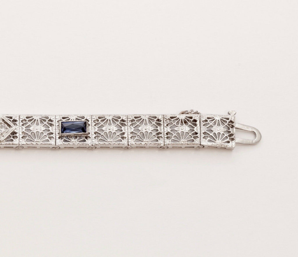 Art Deco Ladies Bracelet Diamonds Blue Sapphires 14K White Gold