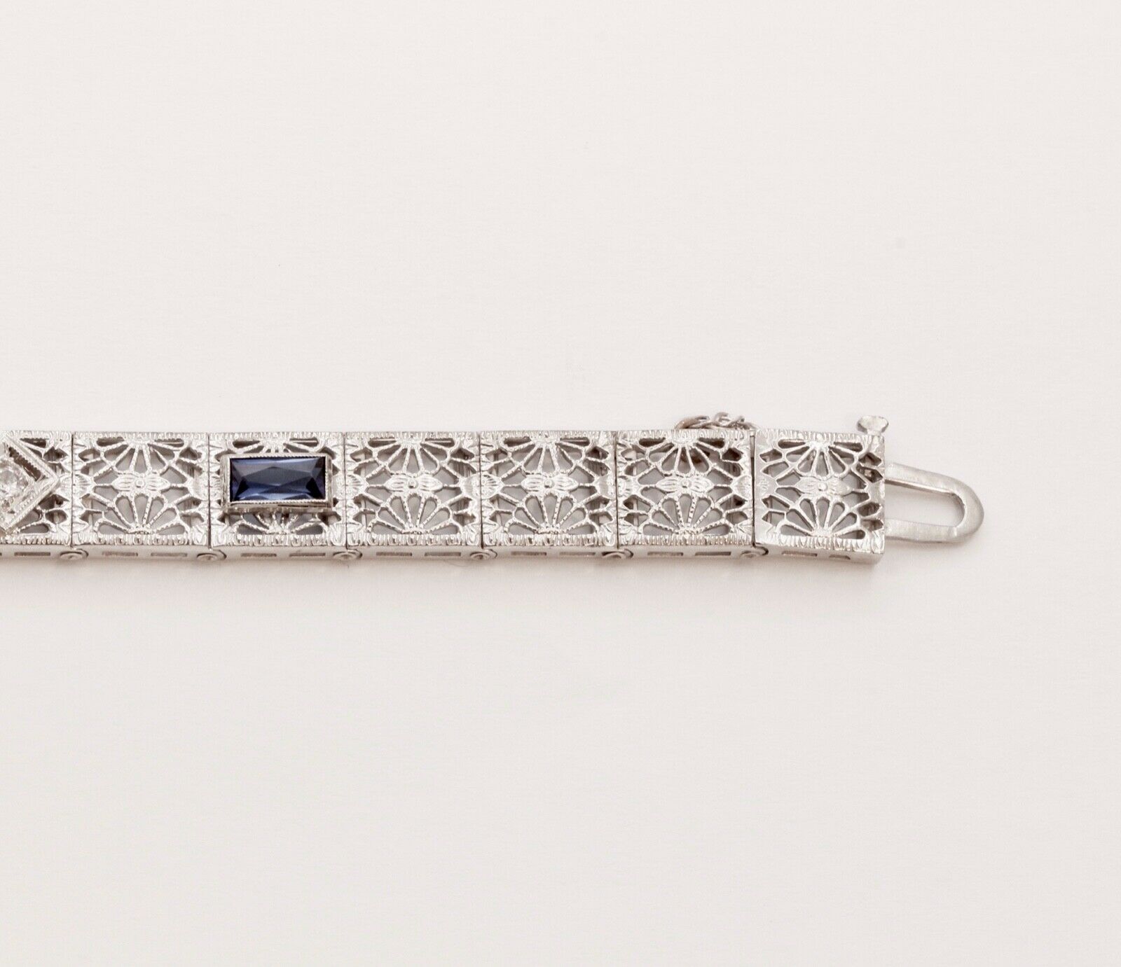Art Deco Ladies Bracelet Diamonds Blue Sapphires 14K White Gold