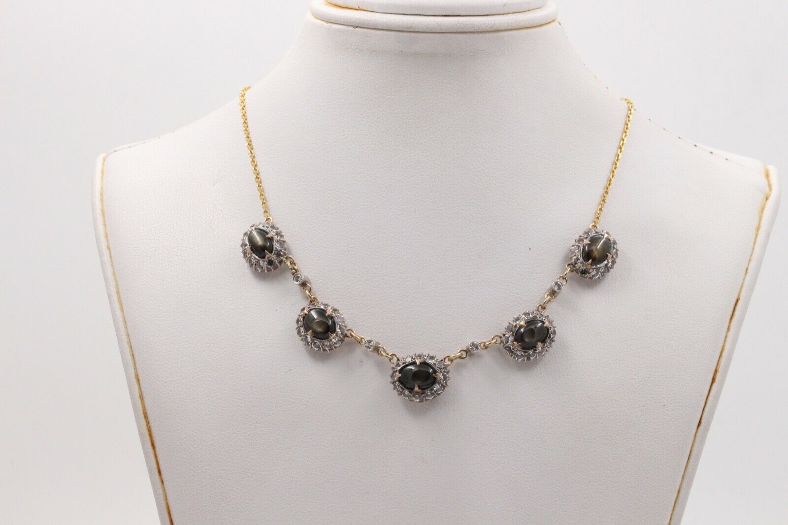 Vintage Black Star Sapphires White Sapphires 14K YG Necklace
