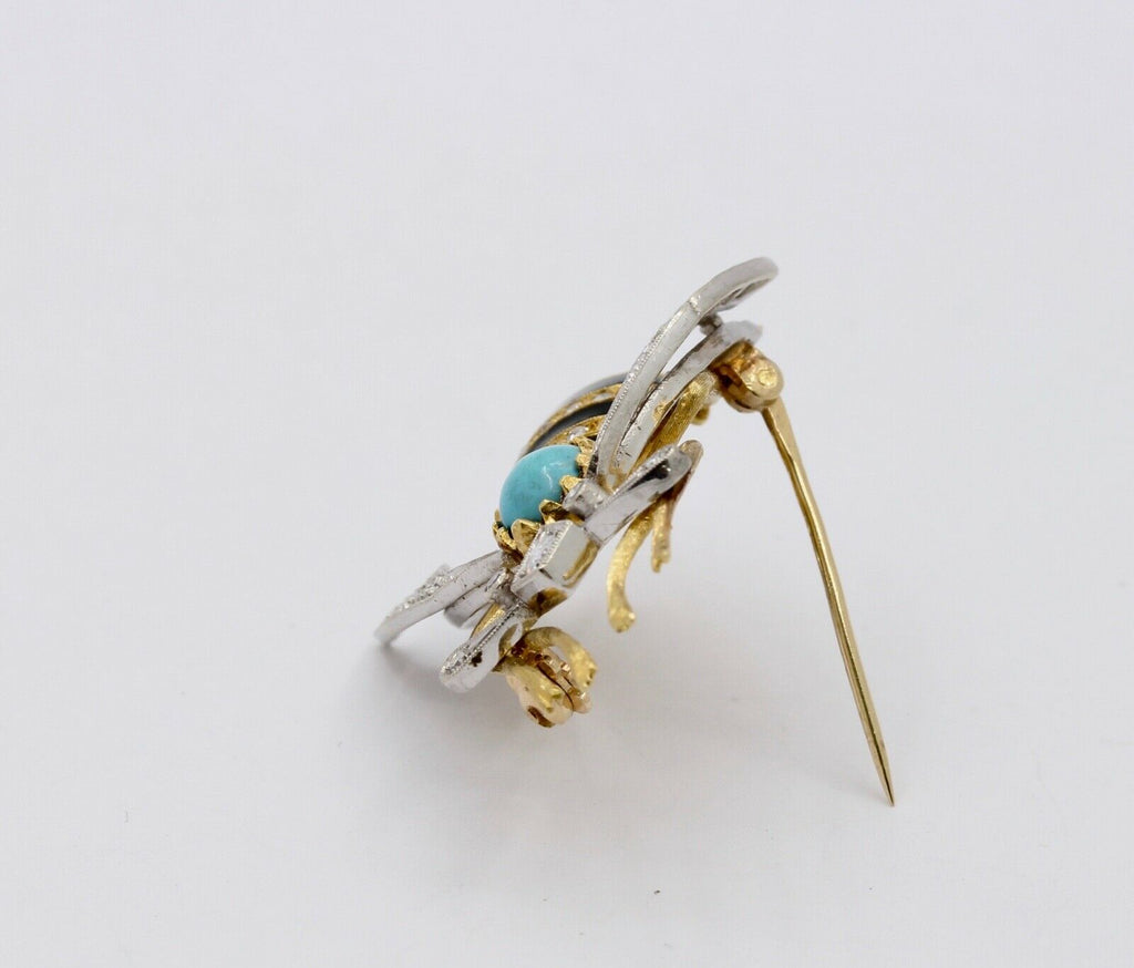Vintage Honey Bee 18K Diamonds Turquoise Enamel Brooch Pin
