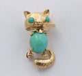 Vintage 14K Yellow Gold Turquoise Kitty Cat Brooch, Pin