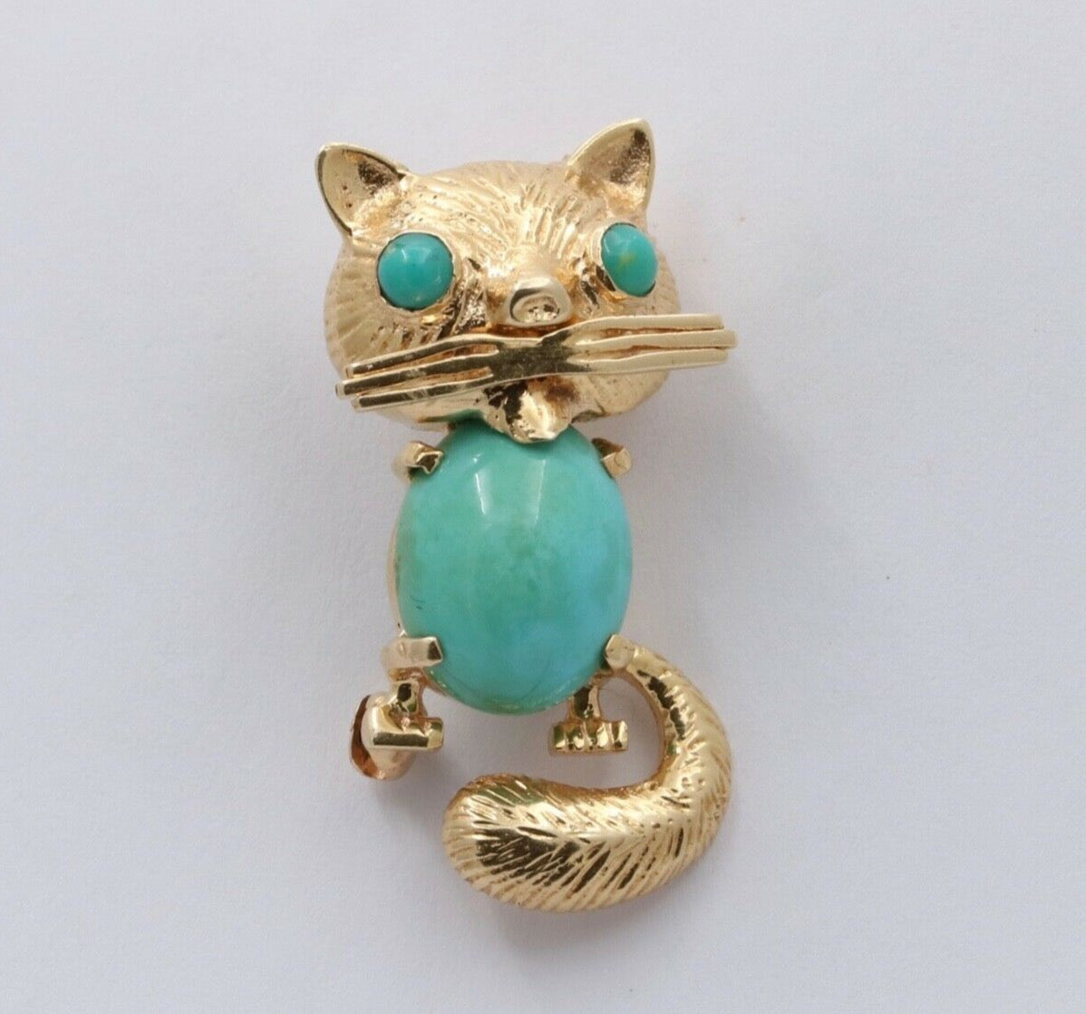 Vintage 14K Yellow Gold Turquoise Kitty Cat Brooch, Pin