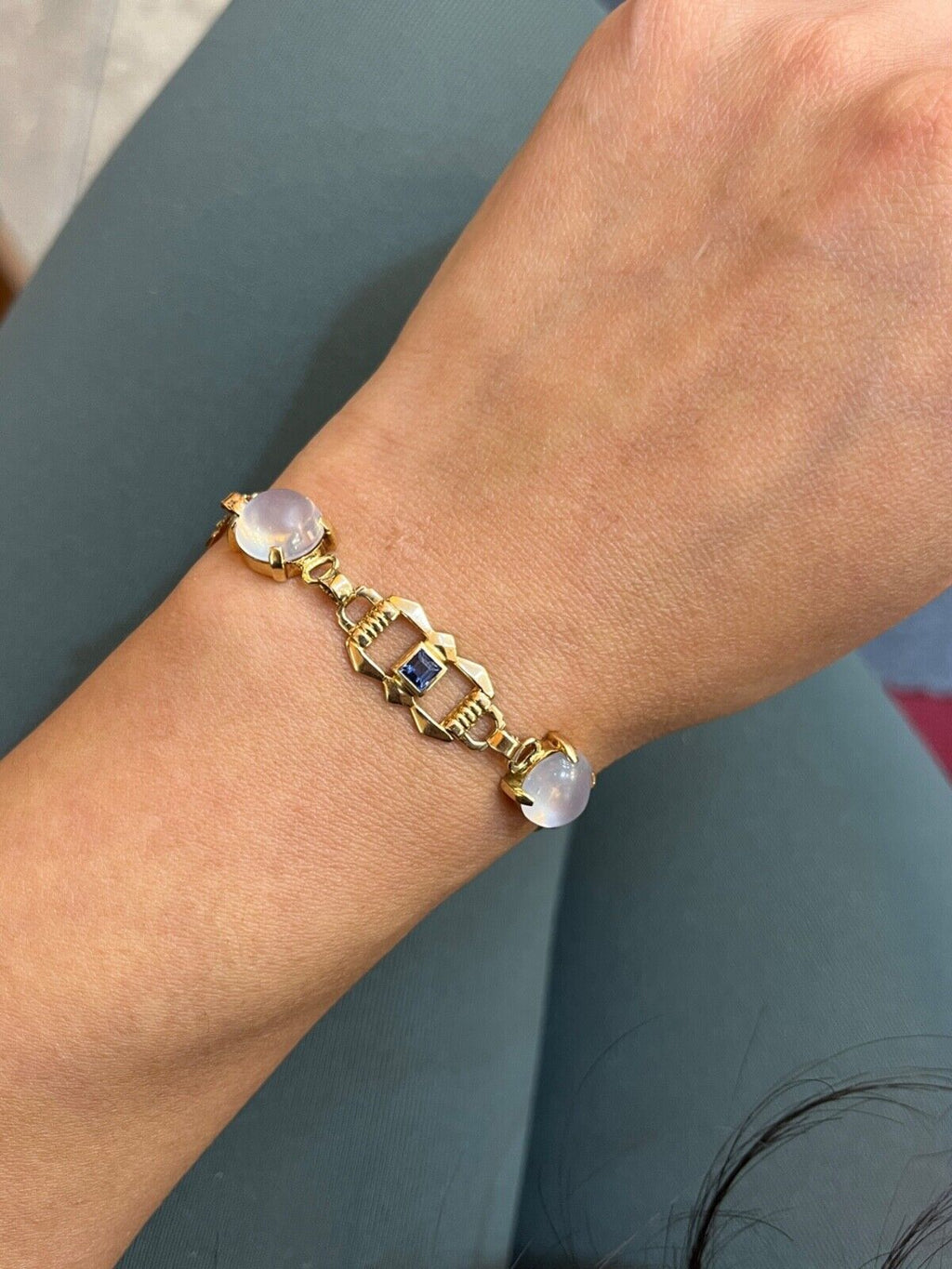 Vintage 14K Yellow Gold Moonstone & Sapphire Bracelet.