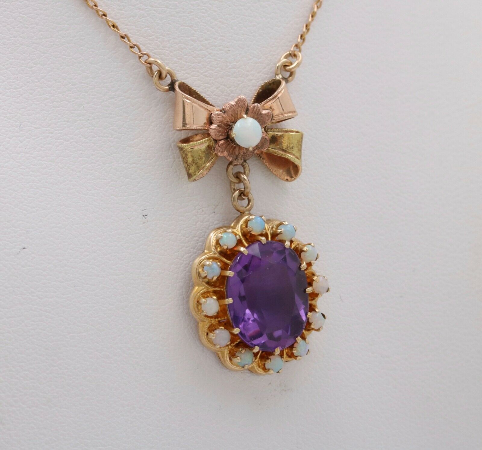 Vintage Bow Amethyst Opals 10K Yellow Gold Pendant and Chain