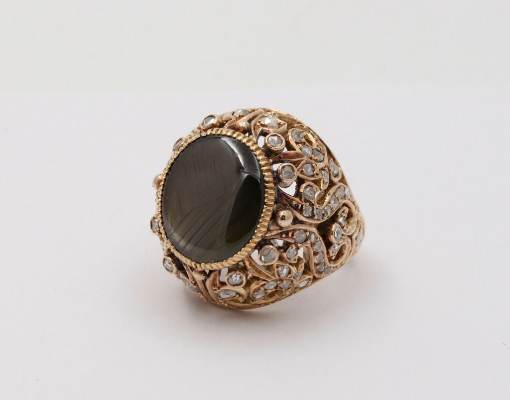 Vintage Black Star Sapphire Rose Cut Diamonds 18K Yellow Gold Ring