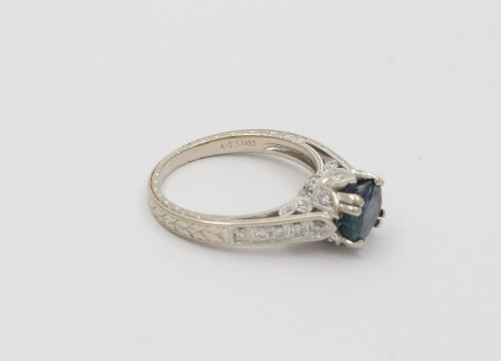 Vintage Art Deco Inspired 14K White Gold Sapphire Diamond Alternative Engagement Ri