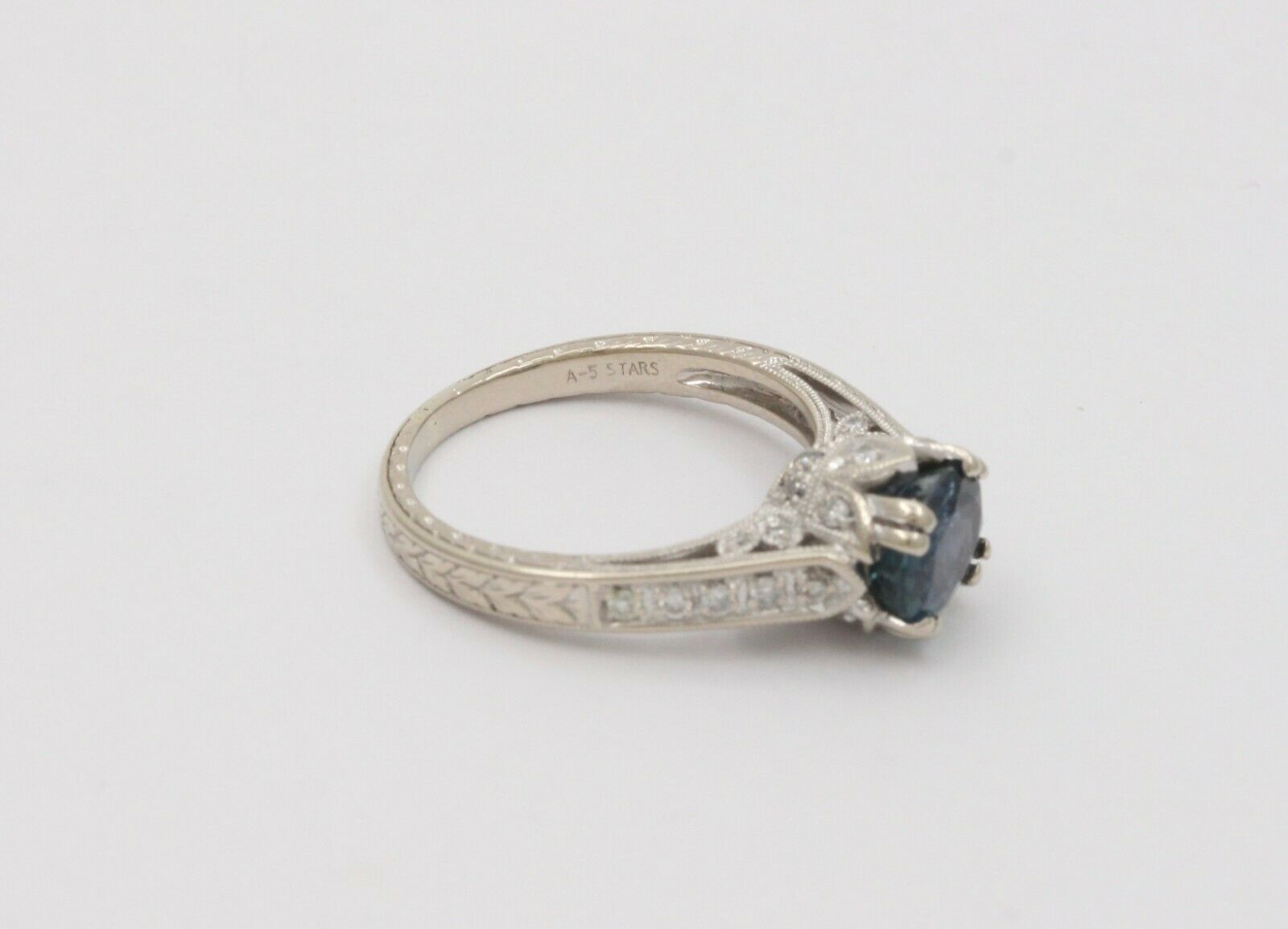 Vintage Art Deco Inspired 14K White Gold Sapphire Diamond Alternative Engagement Ri