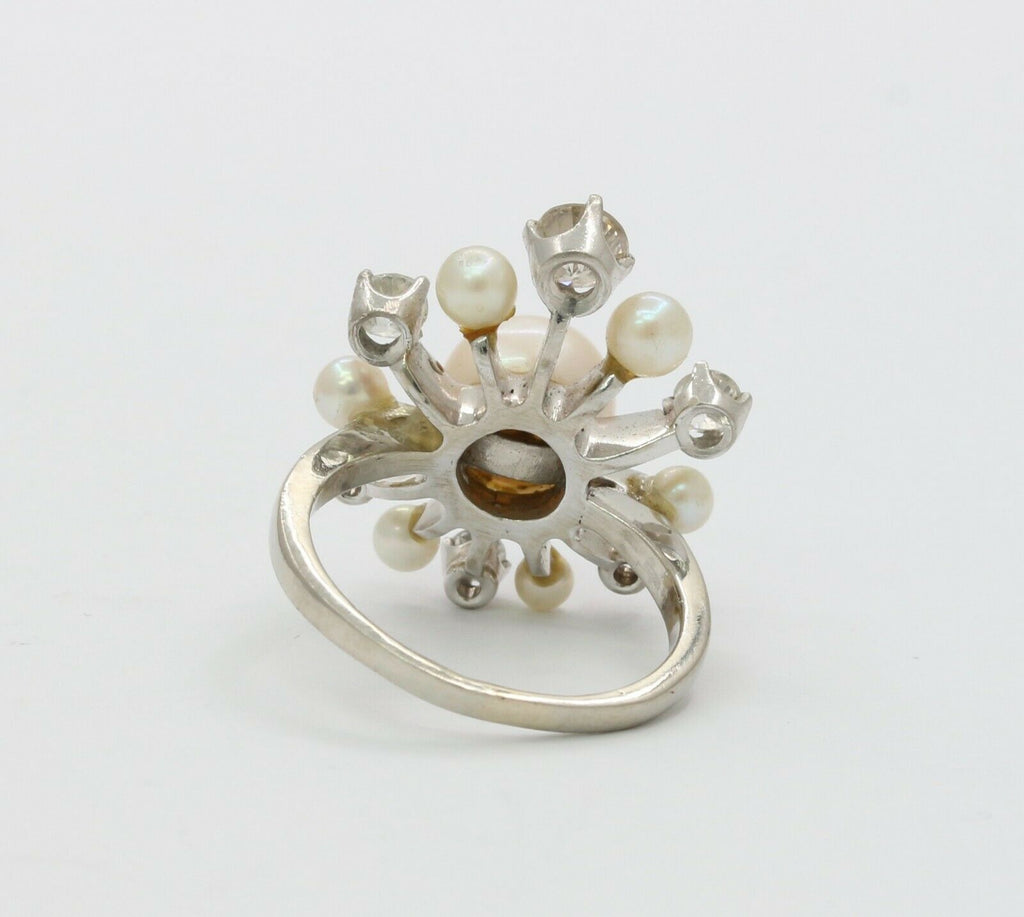 Vintage 14K White Gold Old European Cut Diamond Pearl Ring