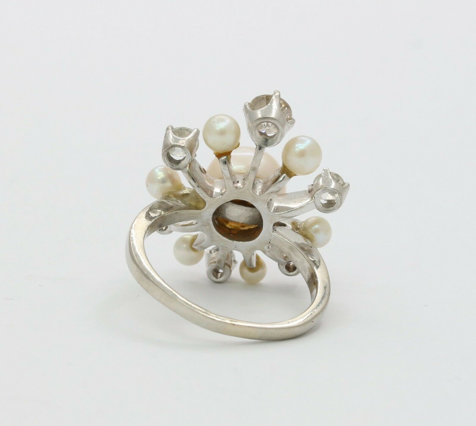 Vintage 14K White Gold Old European Cut Diamond Pearl Ring