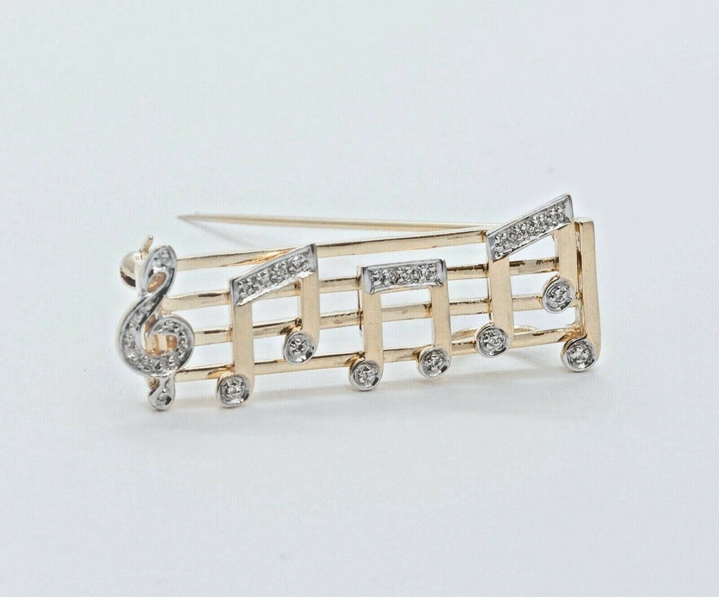 Music Lovers Brooch!! 14K Yellow Gold Diamonds Notes Movable Staff Pin Pendant