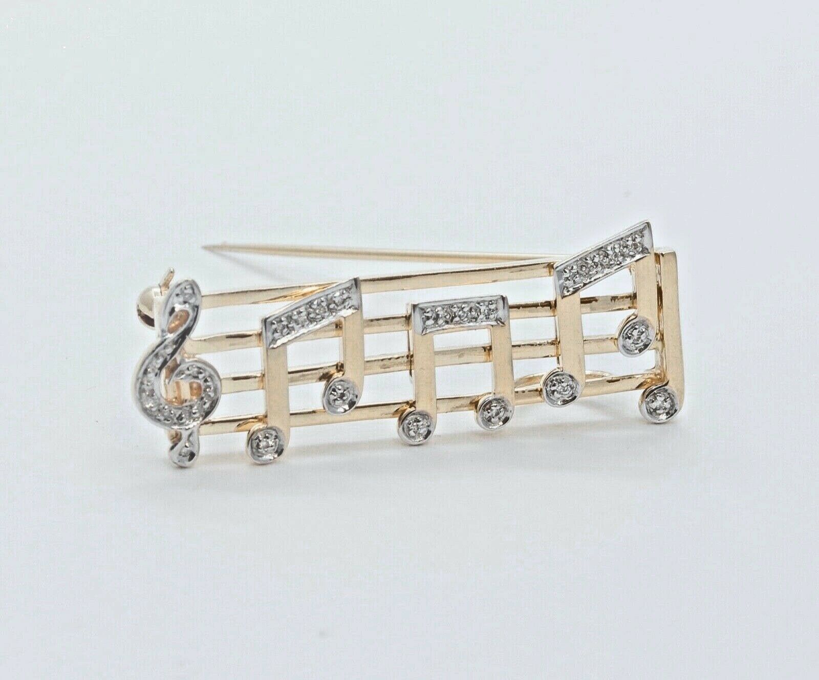 Music Lovers Brooch!! 14K Yellow Gold Diamonds Notes Movable Staff Pin Pendant