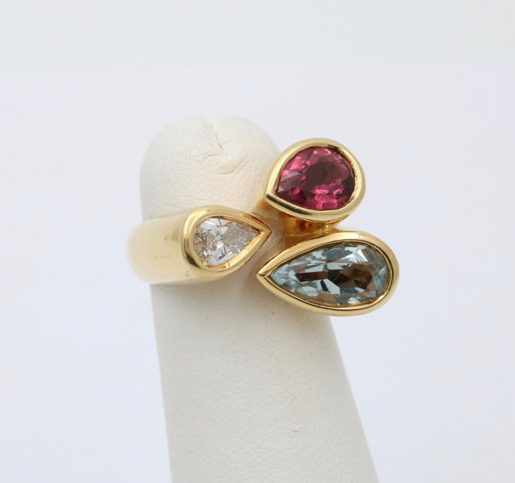 Vintage Geometric Diamond Aquamarine Tourmaline 18K Yellow Gold Ring