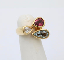 Load image into Gallery viewer, Vintage Geometric Diamond Aquamarine Tourmaline 18K Yellow Gold Ring
