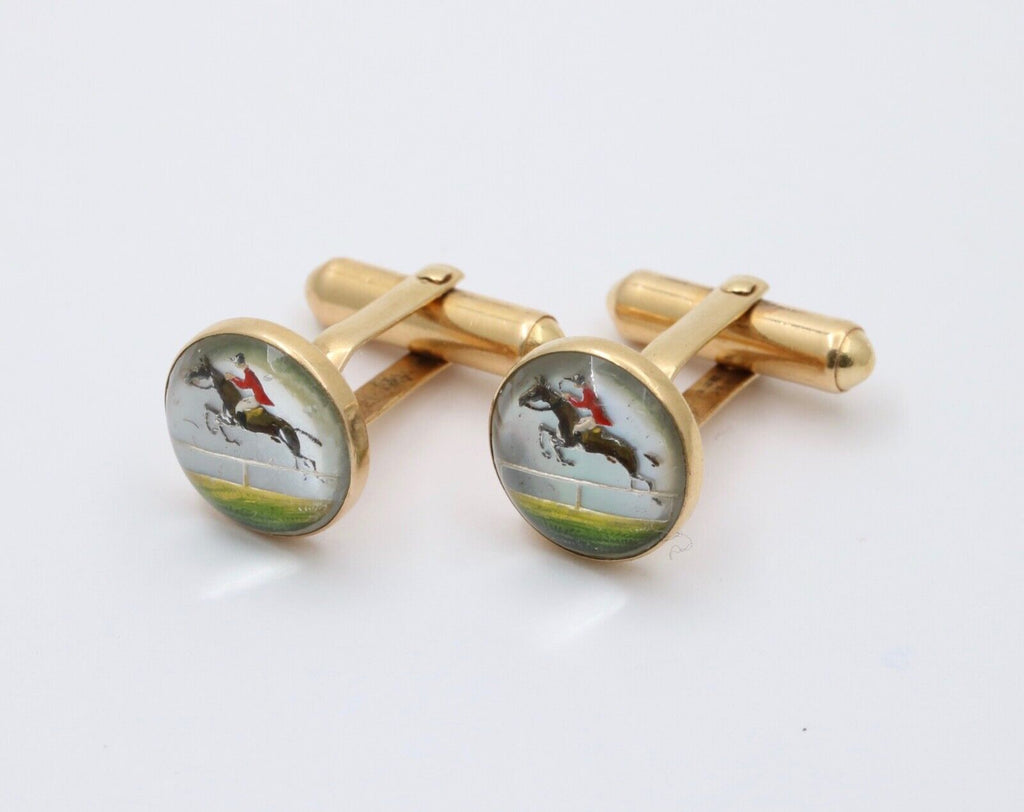 Antique Essex Crystal Polo Horse Riding 14K Gold Cufflinks.