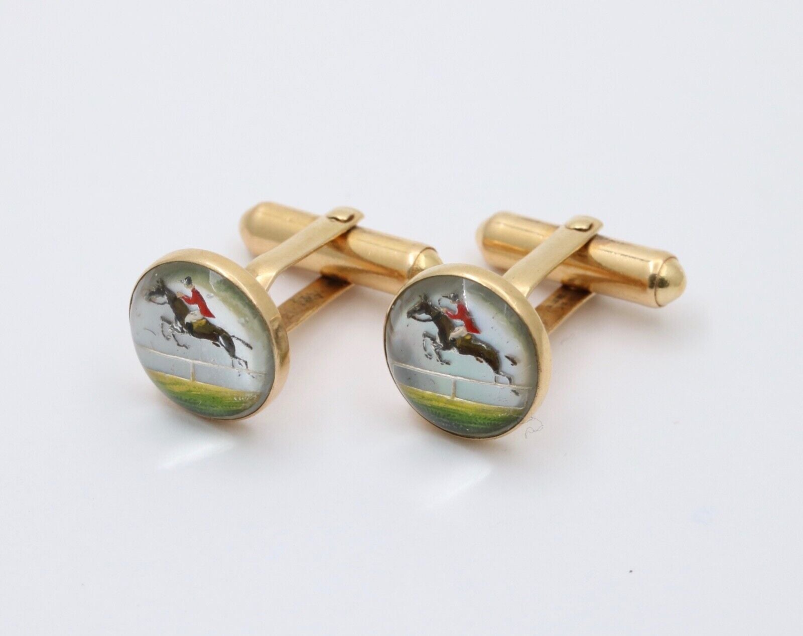 Antique Essex Crystal Polo Horse Riding 14K Gold Cufflinks.