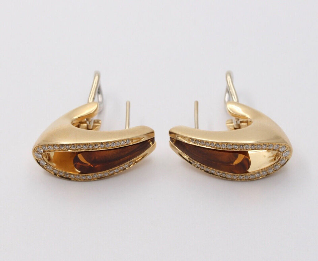 Vintage 18K Yellow Gold Citrine & Diamond Clip Huggie Earrings
