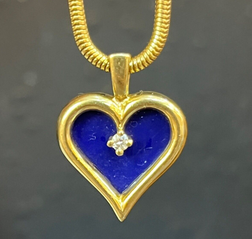 Vintage 14K Yellow Gold Lapis Lazuli Heart Diamond Pendant, Charm