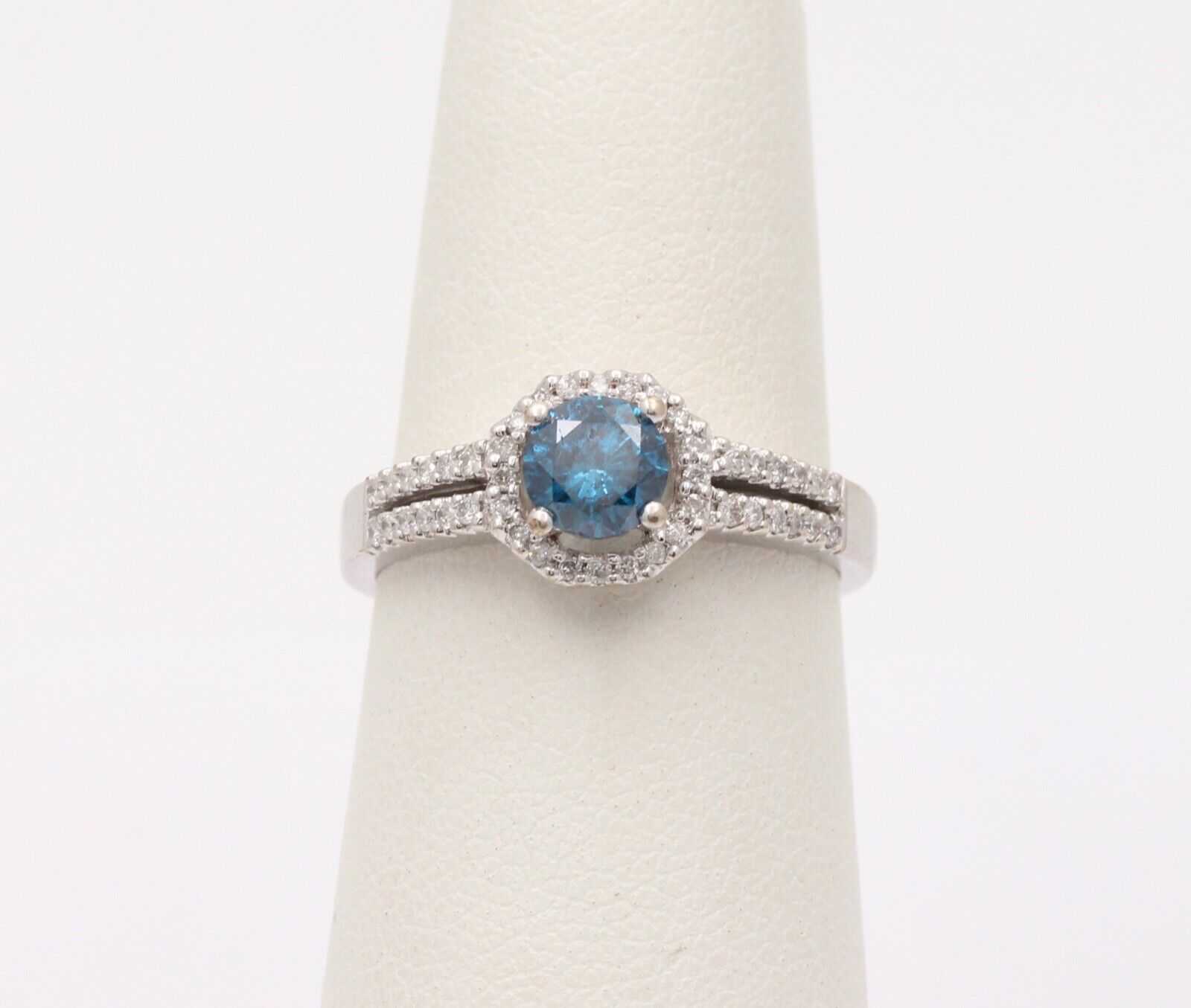 Vintage 14K White Gold Blue Topaz Diamond Halo Ring, Engagement Rig