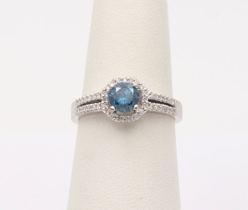 Vintage 14K White Gold Blue Topaz Diamond Halo Ring, Engagement Rig