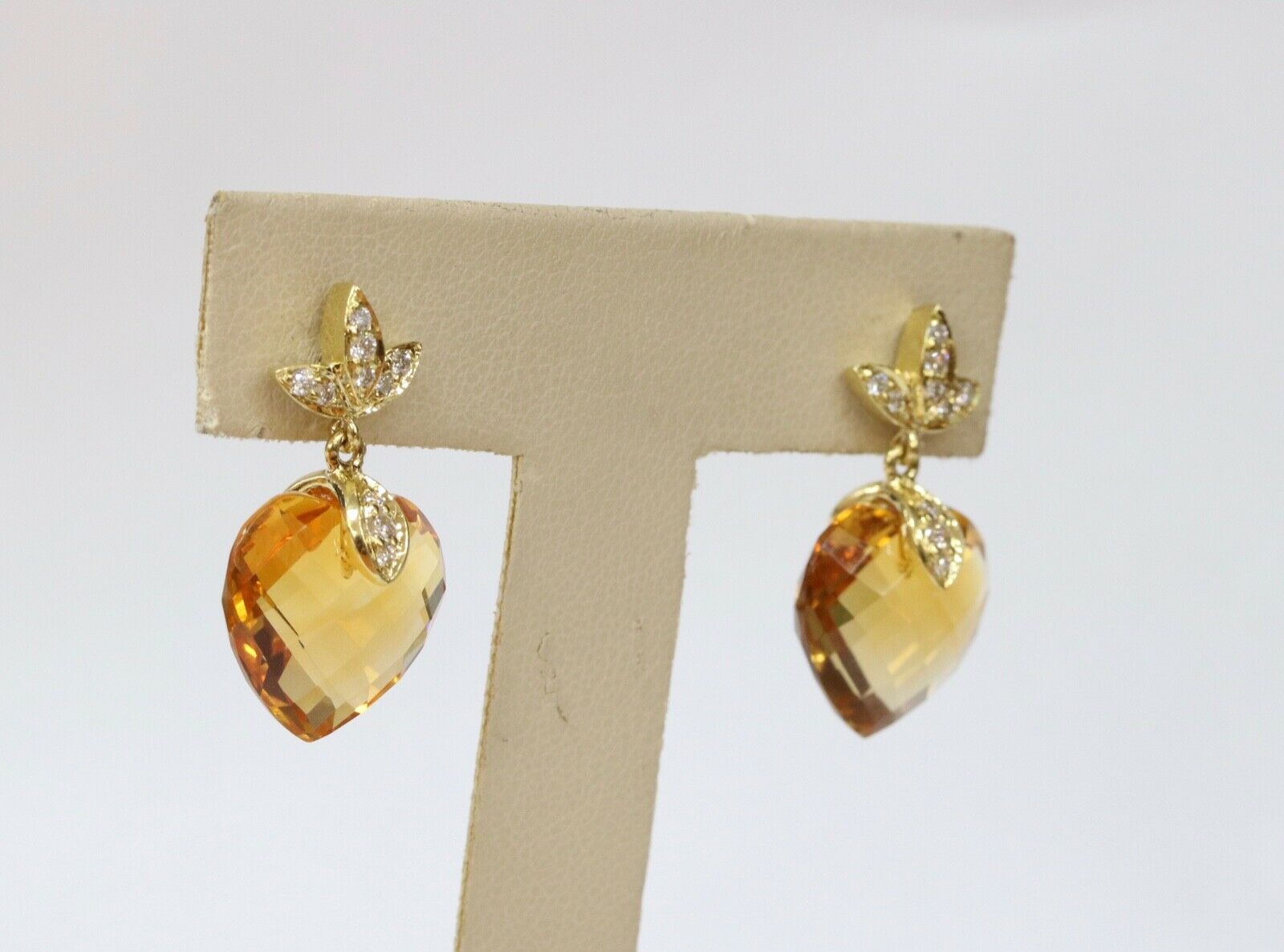 Vintage Ladies Heart Cut Citrine Diamonds 18K Yellow Gold Earrings