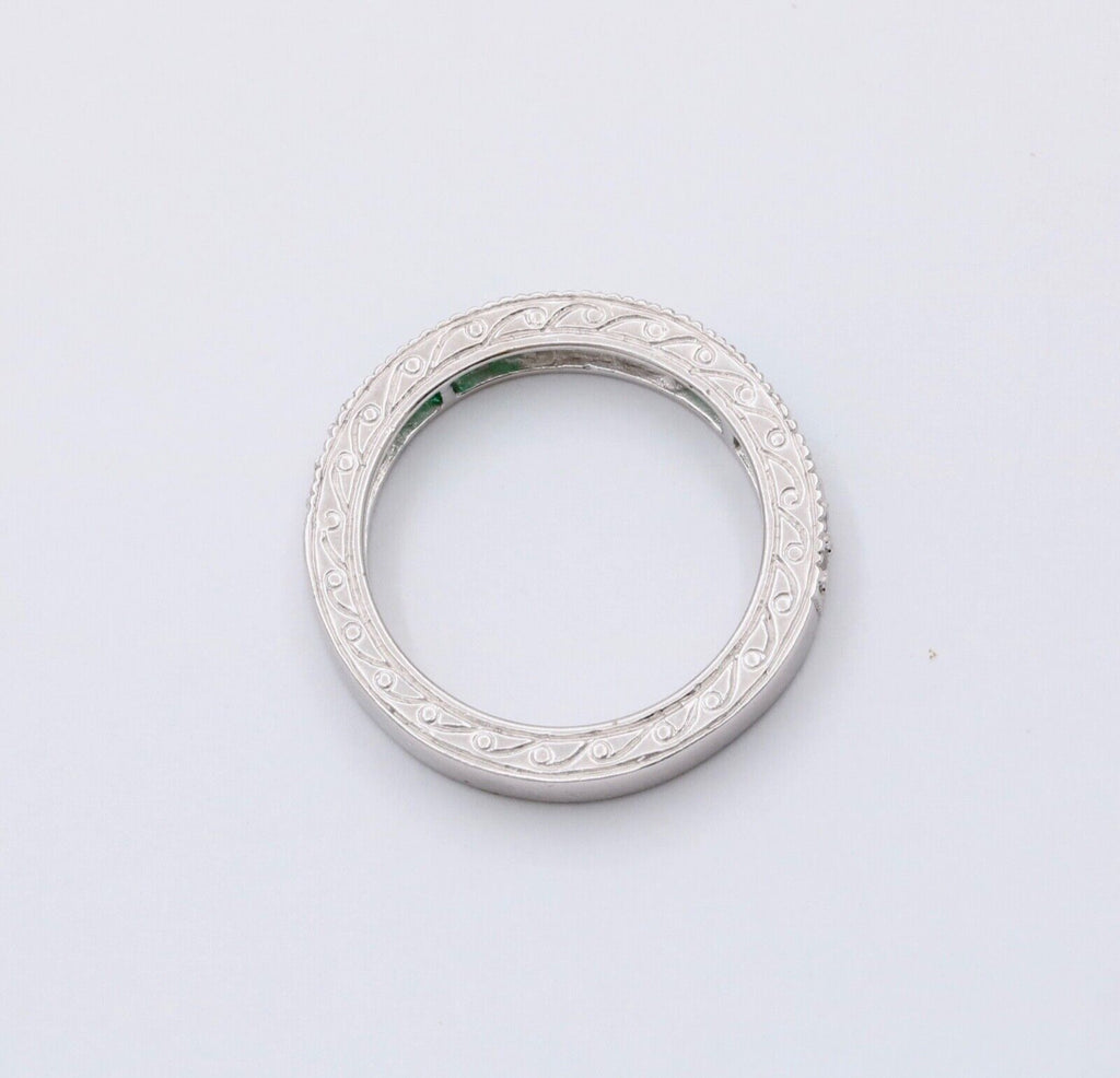 Gorgeous 14K White Gold Emerald & Diamond Half Eternity Ring Band, Wedding Band.