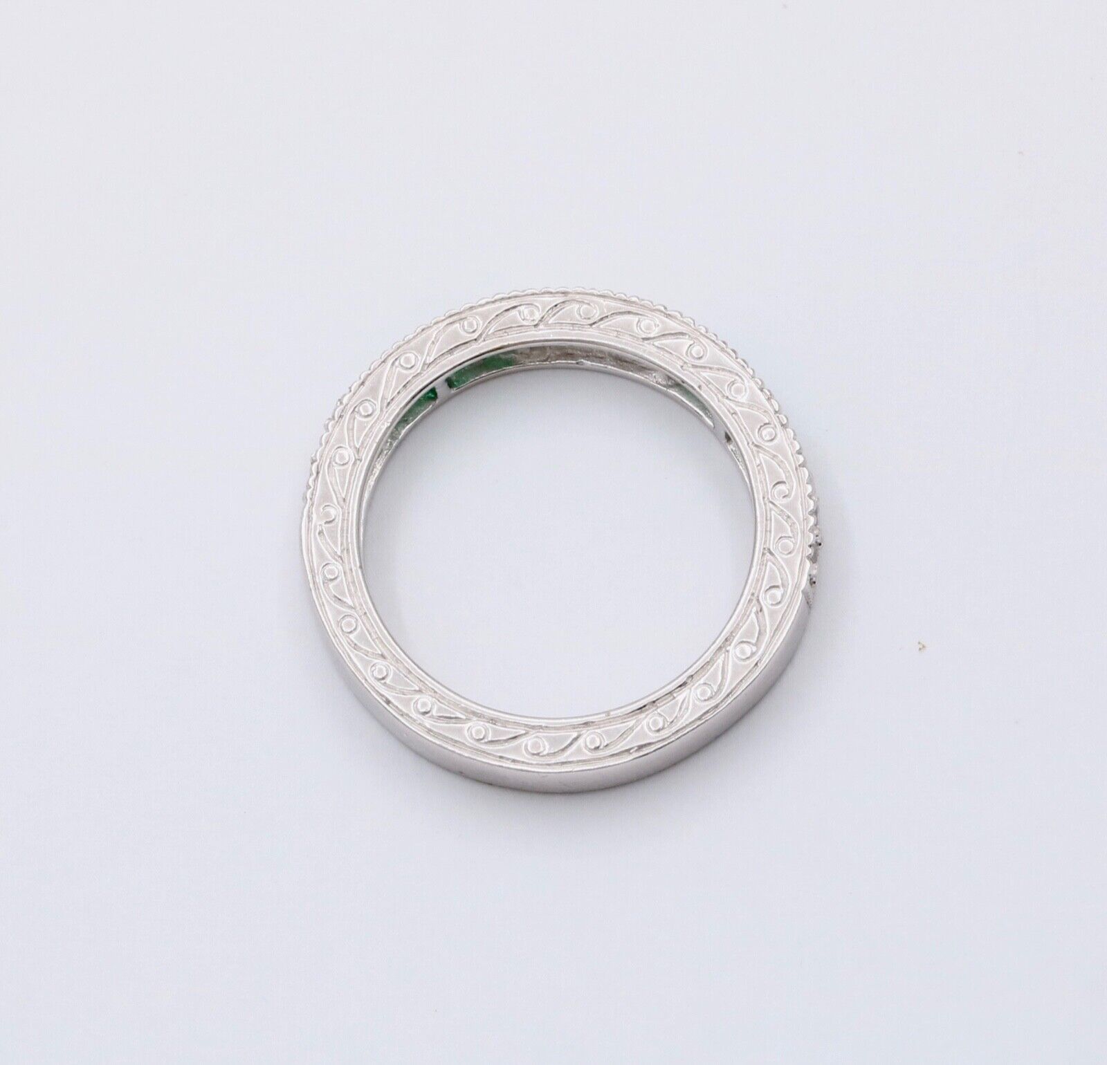 Gorgeous 14K White Gold Emerald & Diamond Half Eternity Ring Band, Wedding Band.