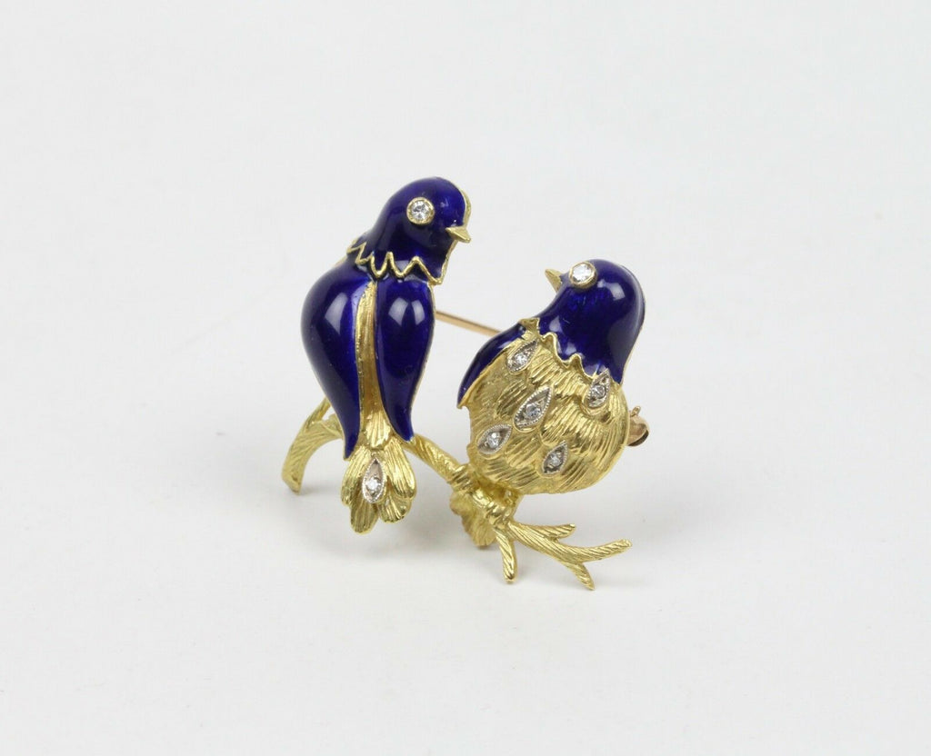 Vintage 18K Yellow Gold Enamel Bird Brooch