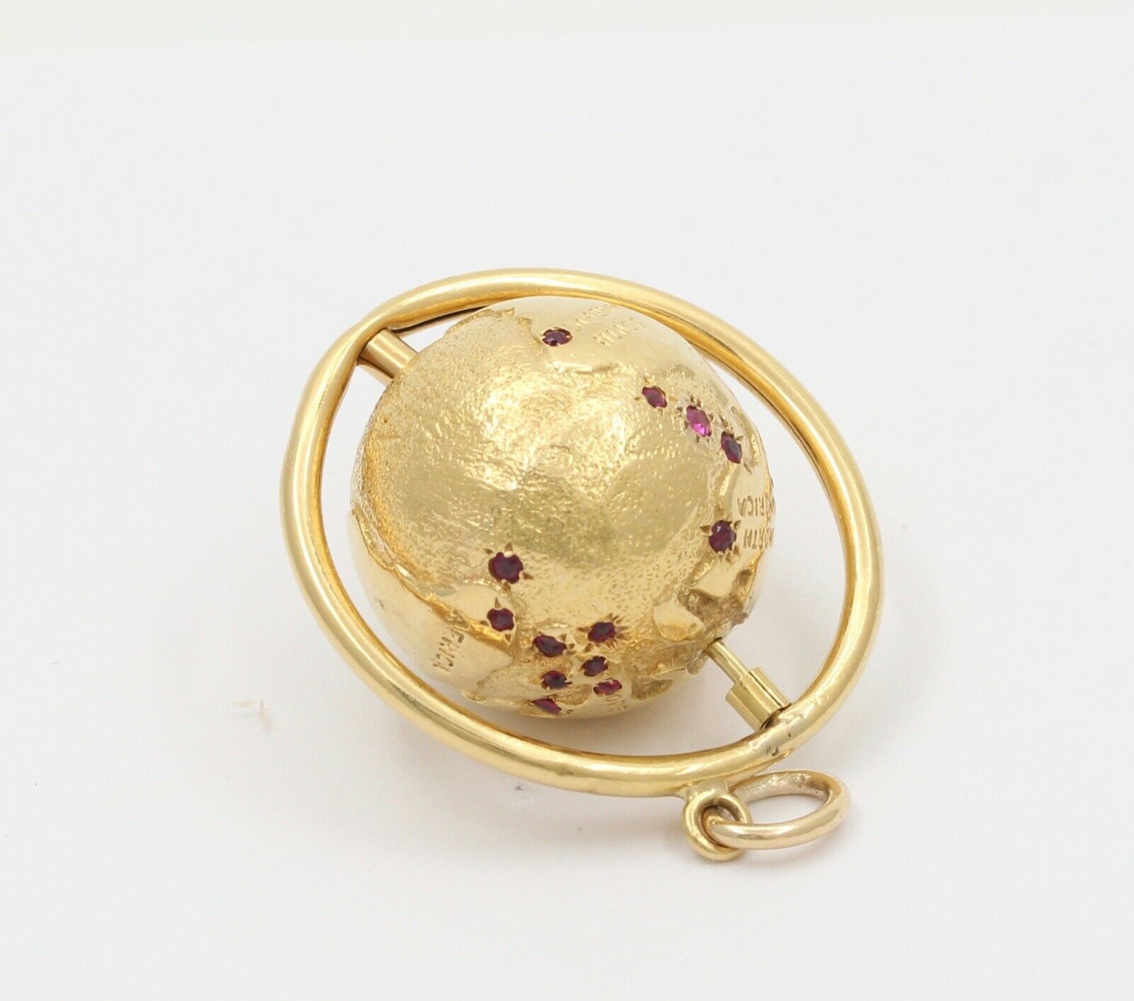 Vintage Spinning Globe Rubies 14K Yellow Gold Pendant Charm