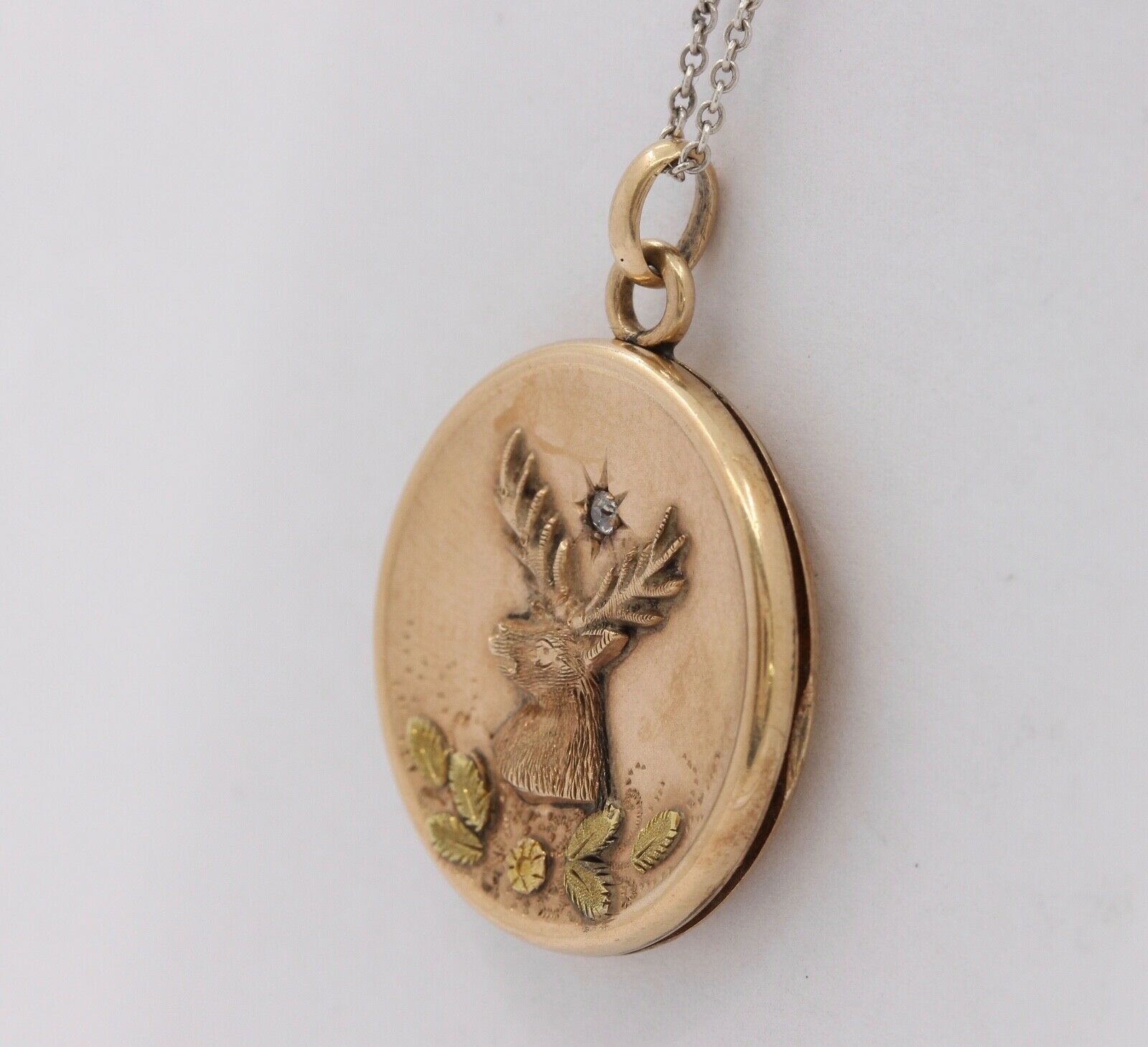 Vintage Locket Pendant Diamond 10K Rose Yellow Gold Elk