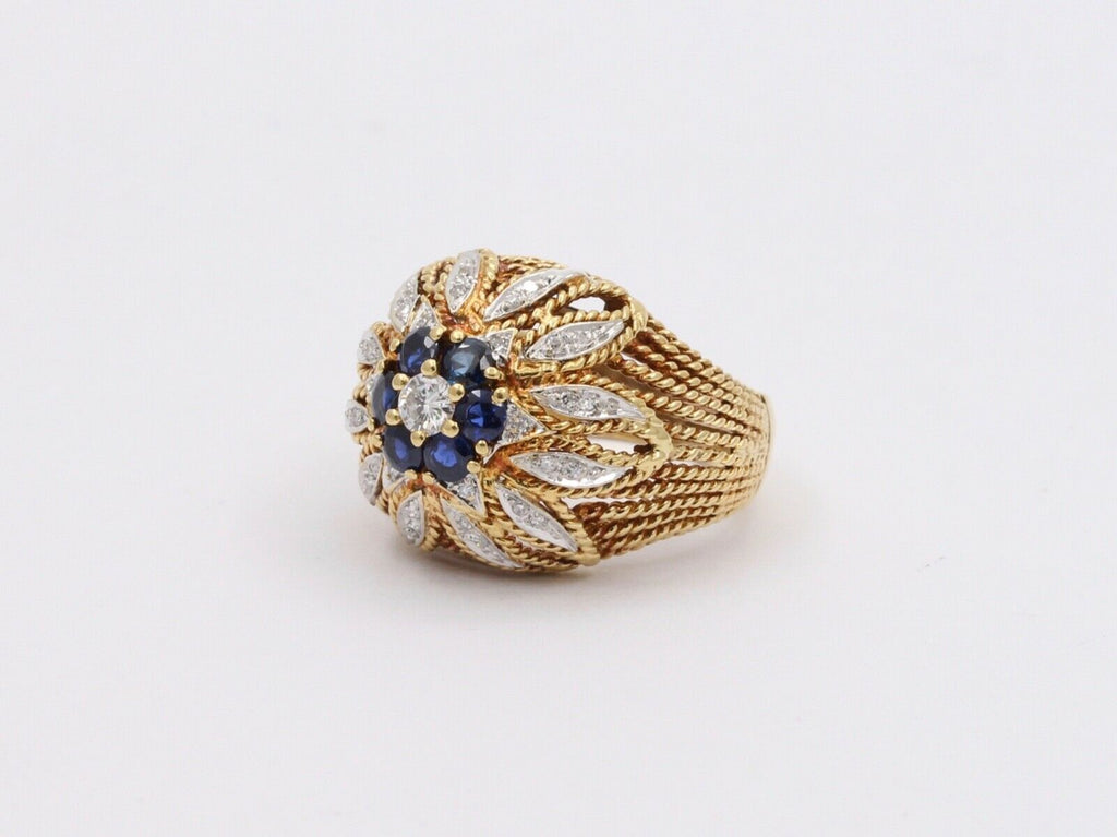 Italian Vintage High Dome Cluster Ring Sapphires Diamonds 18K YG WG Ring