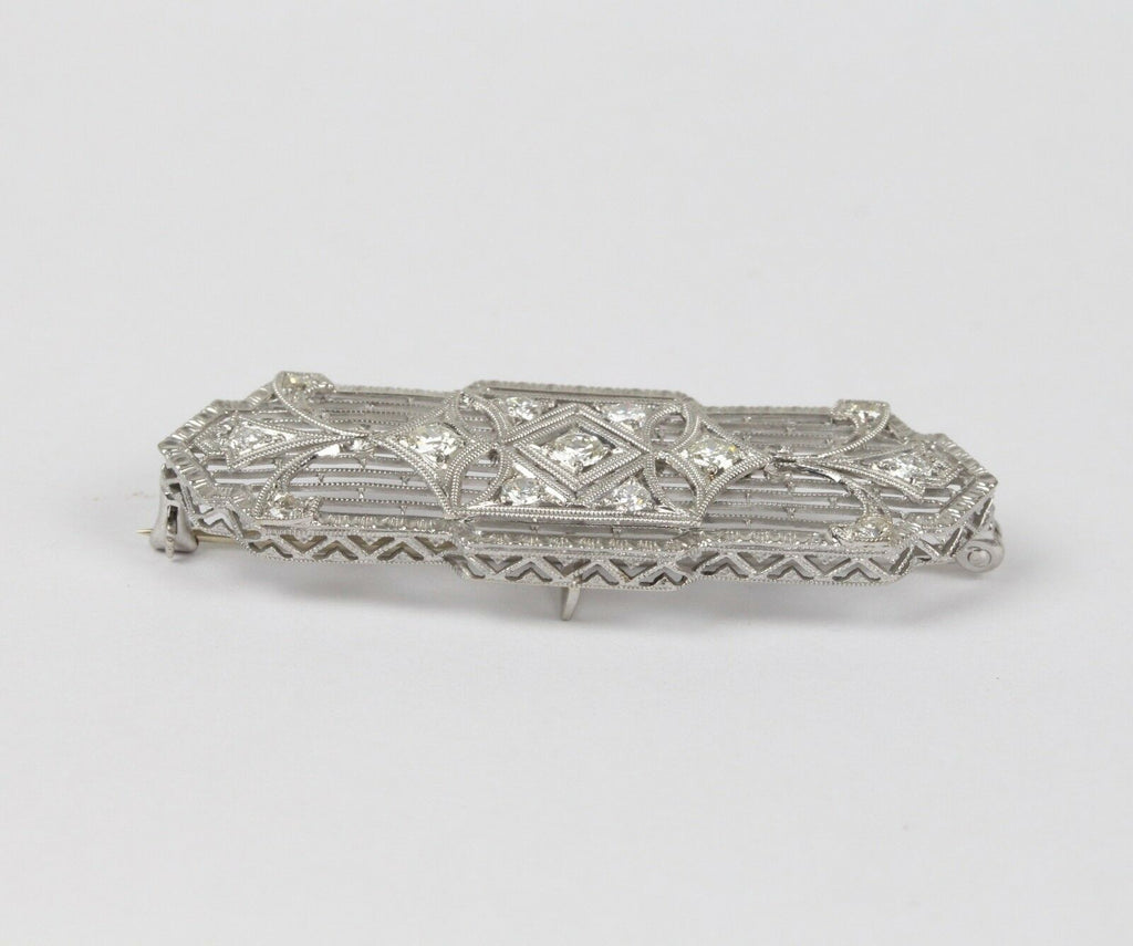 Art Deco 14K White Gold Diamond Filigree Brooch