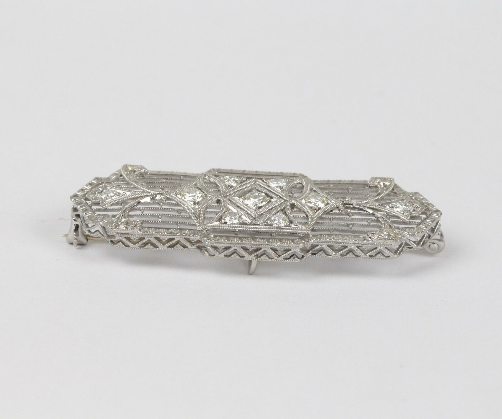 Art Deco 14K White Gold Diamond Filigree Brooch