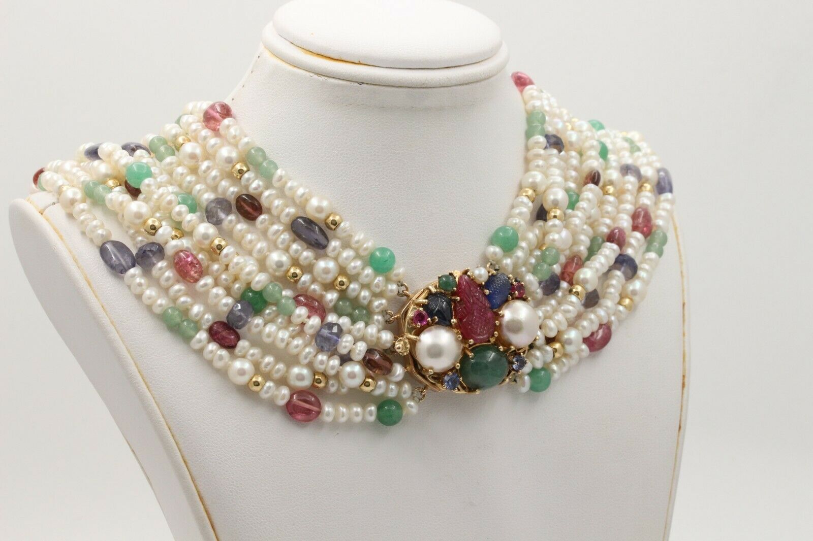 Vintage Beaded Pearl, Ruby, Sapphire and Aventurine Multi Strings Necklace
