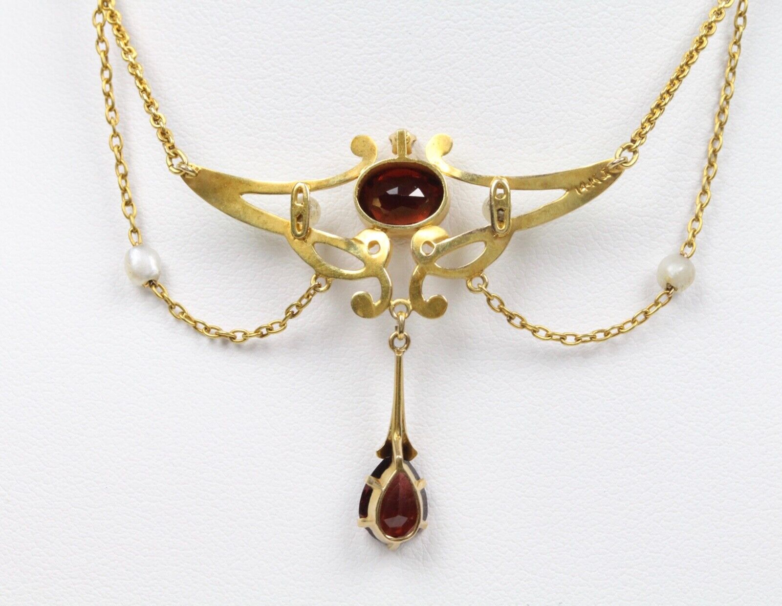 Art Nouveau 14K Yellow Gold Garnet & Pearl Enamel Festoon Necklace.