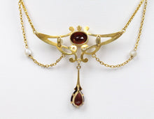 Load image into Gallery viewer, Art Nouveau Pendant Chain Garnet Natural Pearls Diamonds 14K Yellow Gold
