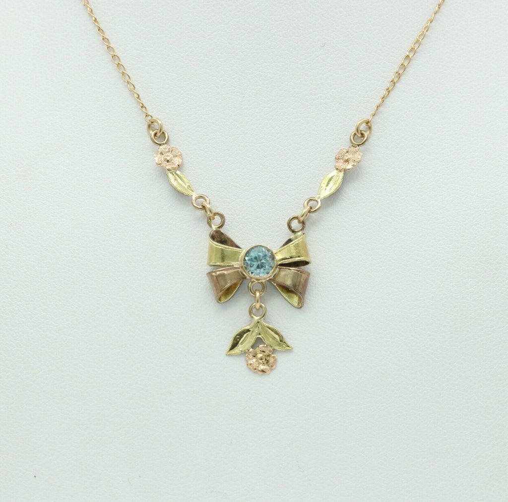 Retro Blue Zircon 10K Rose Yellow Gold Flowers Pendant Chain